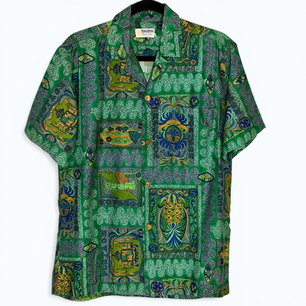 Vintage 60s Hawaiian Shirt Andrade Honolulu Stamp Print Green Aloha Size M L